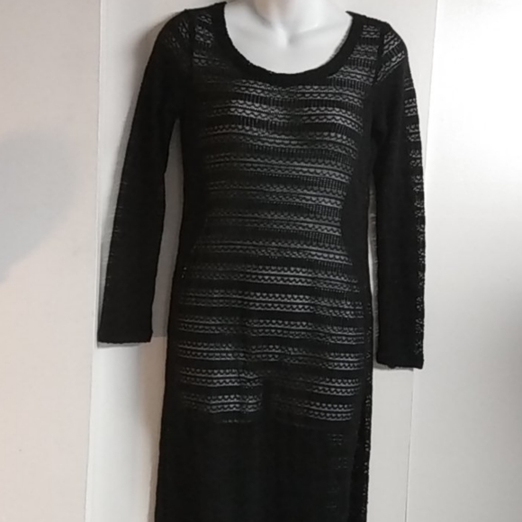 Black Open Knit Long Sleeve Maxi Dress by Ultra Flirt - Picture 2 of 13